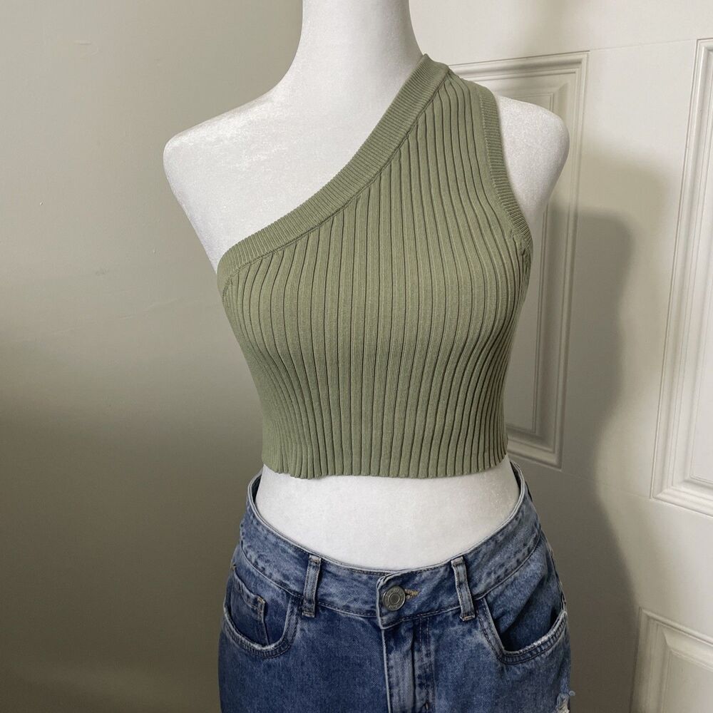 Zara Women's Ribbed One Shoulder Crop Tank Green Size Small Stretch Festival - Picture 1 of 8